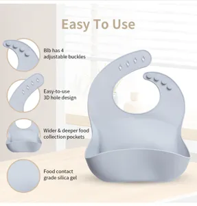 Silicone baby bib with 3D pocket and 4 adjustable buckles for easy feeding and cleanup detail.