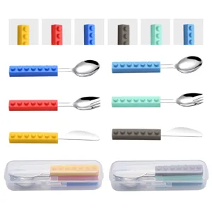 Kids building block stainless steel cutlery set with silicone handle and storage case