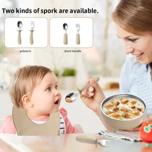 Baby stainless steel cutlery set with silicone handle, toddler feeding spoon and fork.