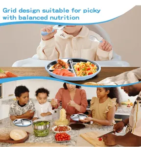 Assiette compartimentée pour tout-petit en inox avec cuillère et fourchette pour repas équilibré.