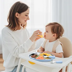 Ensemble d'assiette divisée en acier inoxydable pour bébé avec housse en silicone et cuillère.
