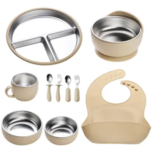 Kids Silicone Stainless Steel Tableware Set Divided Plate Suction Bowl Spoon Fork Baby Self Feeding Tableware Gift