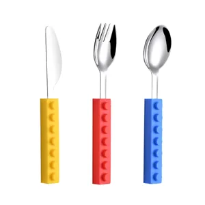 Kids stainless steel cutlery set with silicone building block handles, fork spoon knife.