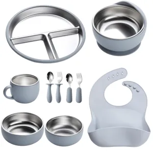 Baby silicone stainless steel feeding set toddler suction bowl divided plate bib spoon fork