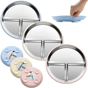 Assiette Divisée en Silicone et Acier Inoxydable pour Enfants Ensemble Cuillère Fourchette Vaisselle d'Entraînement pour Tout-Petits Bol à Ventosa