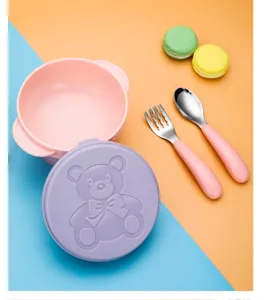 Children stainless steel bowl spoon fork set cute bear suction tableware for baby feeding.