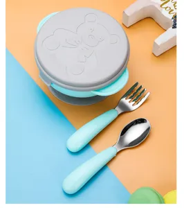 Baby suction bowl and stainless steel training fork spoon set with cute bear lid for feeding.