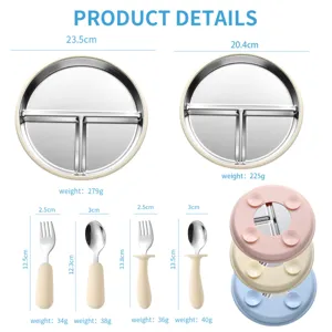 Ensemble assiette compartimentée inox bébé cuillère fourchette base ventouse silicone