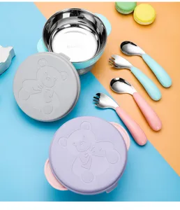 Stainless steel baby suction bowl with bear lid and training fork spoon set.