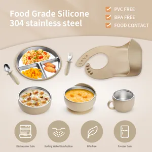 Stainless steel baby feeding set with silicone bowl plate bib spoon fork safe toddler tableware