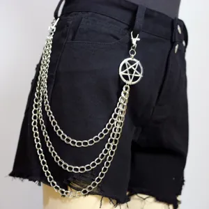 Punk multi-layer metal pants chain with pentagram pendant for street fashion cool outfits.