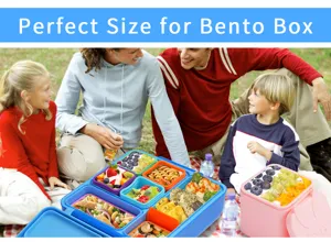 Détail de boîte à bento en silicone avec plusieurs compartiments pour repas de pique-nique.