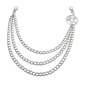 Punk style multi-layer metal pants chain with pentagram charm, silver street waist chain.