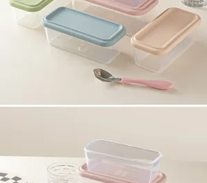 Clear plastic food storage container set with colorful silicone lids for bento meal prep.
