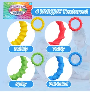 Colorful silicone sensory rings fidget toys set with four unique textured designs for kids.