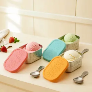 Caja de helado de acero inoxidable, recipiente sellado con tapa de silicona.