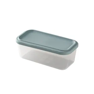 Transparent plastic food storage container with grey blue silicone lid rectangular bento box