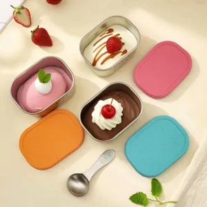 Caja de postre de acero inoxidable con tapa de silicona de color para los alimentos
