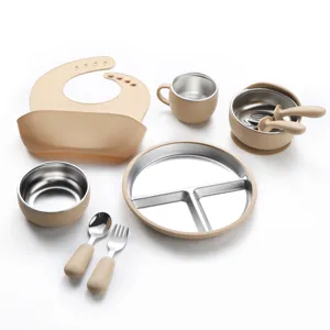 Baby silicone stainless steel tableware set for children feeding bowl plate spoon fork