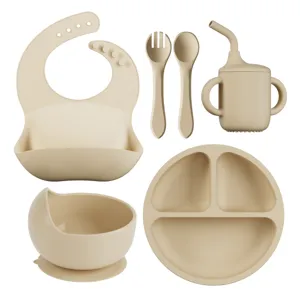 Children silicone tableware set 6 piece baby feeding suction plate bowl cup bib spoon fork set