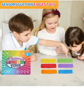 Detailed scene showing children playing with colorful silicone sensory suction fidget toys.