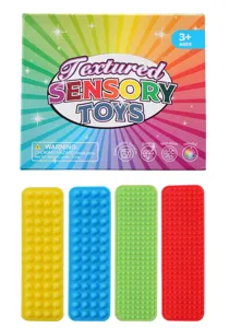 Detailed view of colorful silicone sensory fidget strips with multi-textured suction bumps.