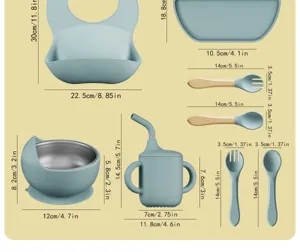 Dimensions détail ensemble repas bébé silicone, avec assiette ventouse, bol, cuillère, fourchette.