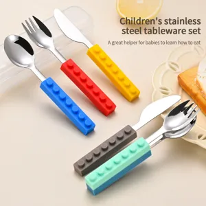 Kids Stainless Steel Cutlery Set Building Block Silicone Handle Spoon Fork Knife Tableware Set with PVC Box