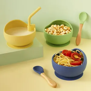 Silicone Baby Suction Bowl With Integrated Straw And Wood Handle Spoon Set BPA Free Food Grade Tableware For Toddler Learning To Eat
