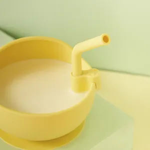 Baby silicone suction bowl with straw set, toddler training tableware for feeding food.