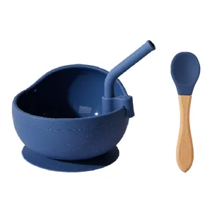 Baby silicone suction bowl and wooden spoon set with straw for infant feeding and self-feeding.