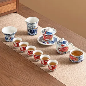 Chinese Kung Fu Tea Set Blue Ceramic Teapot Gaiwan Teacups With Gift Box Auspicious Koi Design For Home Guest Brewing