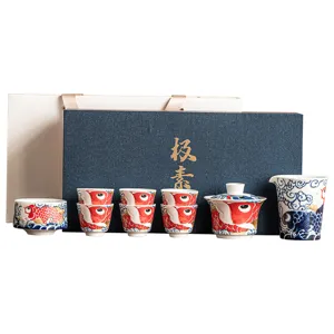 Ceramic Kung Fu Tea Set Chinese Style Koi Fish Teapot Teacups with Elegant Gift Box