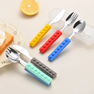 Children stainless steel cutlery set with colorful silicone building block handles baby spoon fork