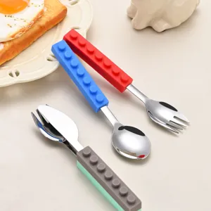 Children stainless steel cutlery set with colorful silicone building block handles for kids main view