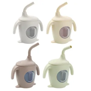 Baby Silikon Trinkbecher mit Strohhalm und Griffen Kleinkind Lernbecher Pinguin 150ml