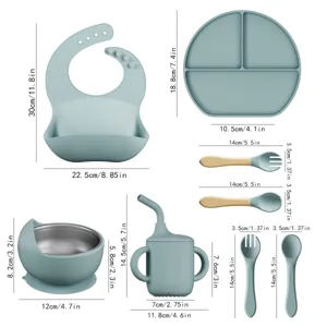 Ensemble de vaisselle en silicone pour bébé 8 pcs ventouse assiette bol cuillère bavoir