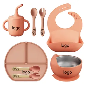 Ensemble vaisselle silicone bébé assiette ventouse bol cuillère fourchette bavoir principal