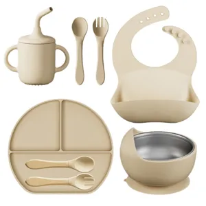 Kit de repas en silicone pour bébé avec assiette ventouse bol tasse bavoir cuillère four