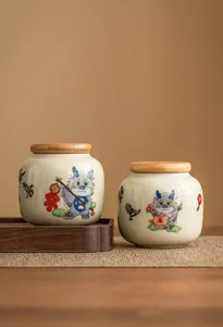 Petite boite a the en ceramique avec couvercle en bois, motif dragon pour le stockage a la maison.