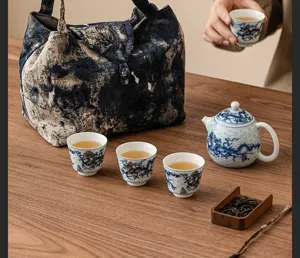 Detailansicht des chinesischen Keramik-Tee-Sets mit Drachenmuster und tragbarer Tasche.