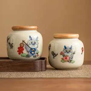 Set de boîte à thé en céramique avec couvercle en bois, design de dragon mignon, pot étanche.
