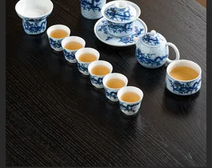 Detailaufnahme eines Luxus Blau-Weiß Keramik Kung Fu Teesets mit Drachenmuster auf dem Tisch.