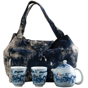 Blau-weisses Porzellan Kung Fu Tee-Set mit Tragetasche, tragbares Reise Keramik Set.