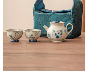 Ceramic panda tea set detail showing exquisite blue and white bamboo pattern on teapot and cups.