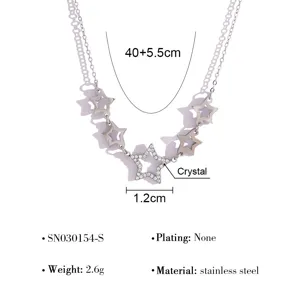 Stainless steel multi-star crystal pendant necklace detail shot showing size specs 40+5.5cm.