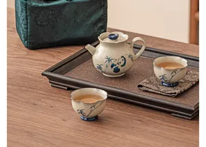 Ceramic kung fu tea set with cute panda bamboo pattern, portable travel tea pot and cups.