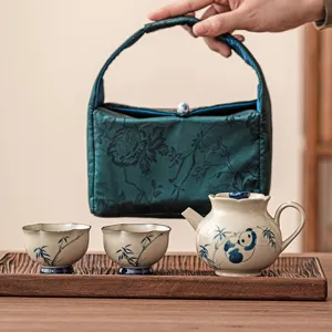Portable Kung Fu Tea Service Plant Ash Ceramic Panda Bamboo Hand Painted Tea Pot Cups With Travel Storage Bag Chinese Retro Style Tea Collection