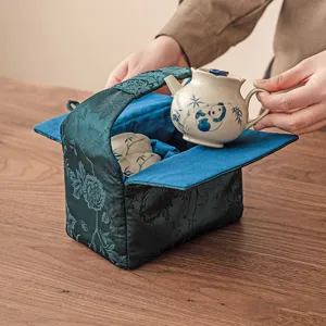 Portable ceramic kung fu tea set with panda and bamboo design, perfect for outdoor travel.