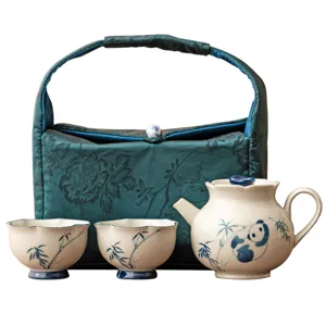 Portable ceramic kung fu tea set with cute panda and bamboo pattern, 1 teapot and 2 cups in bag